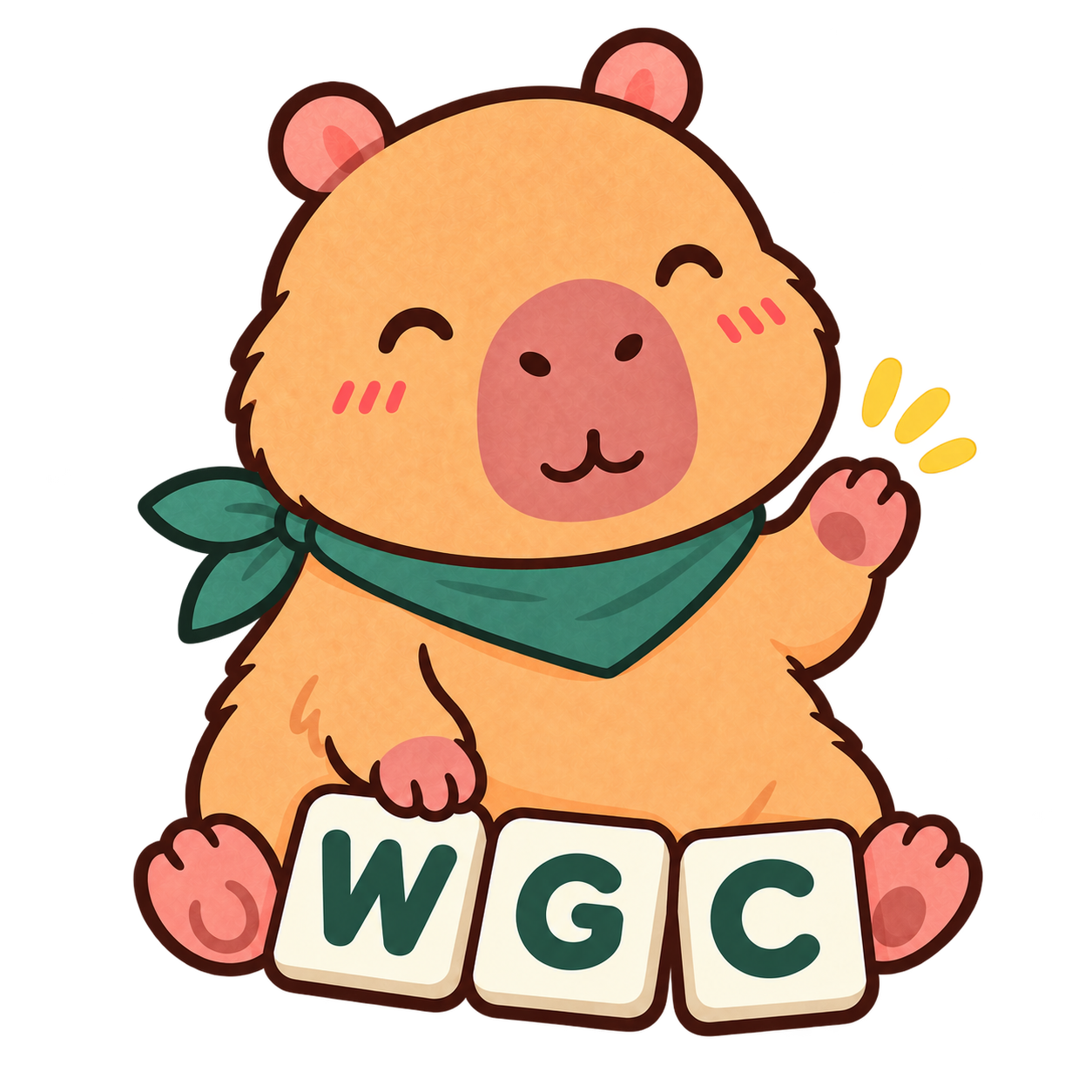 A smiling capybara waving behind WGC letter tiles